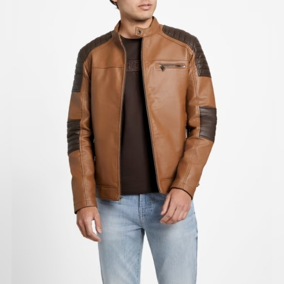 Guess Daniel Hooded Colorblock Vegan Leather Brown / Tan Biker Jacket - Picture 1 of 10